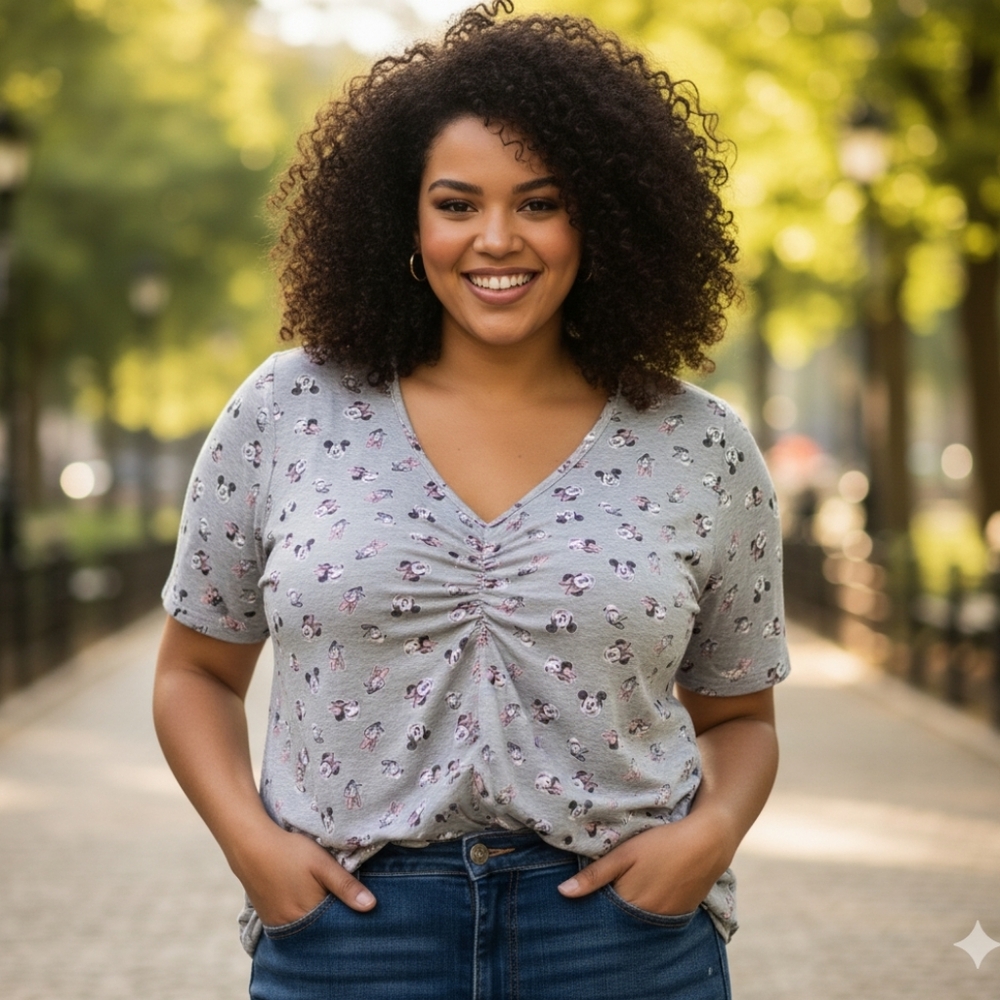 Disney Mickey Mouse Gray Ruched Blouse